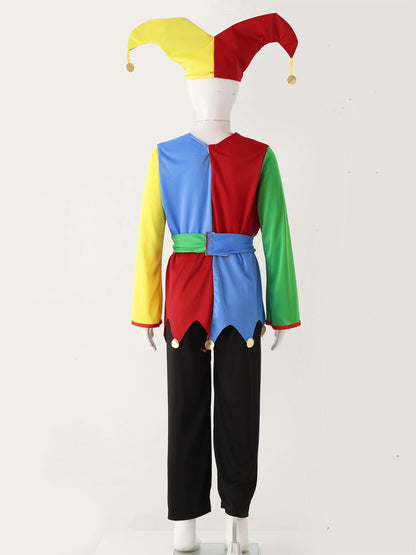 Boys Girls Circus Clown Halloween Up Costume Color Block Dress Clown Hat Pants Set Clowns - Colorful A / 4-6Y