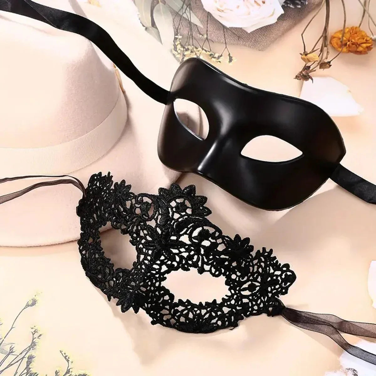 2-Piece Black Lace Masquerade Mask Set for Couples