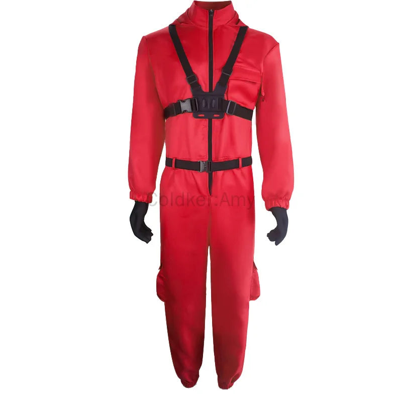 Halloween Costume Outfit TV Game Adult Kids Pink Red Jumpsuit Costume Set with Gloves - black / Adult 3XL