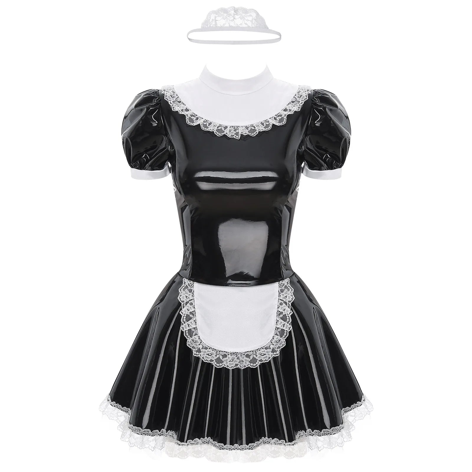 Women Halloween Maid Cosplay Costume Glossy Patent Leather Dress with Lace - product image 7