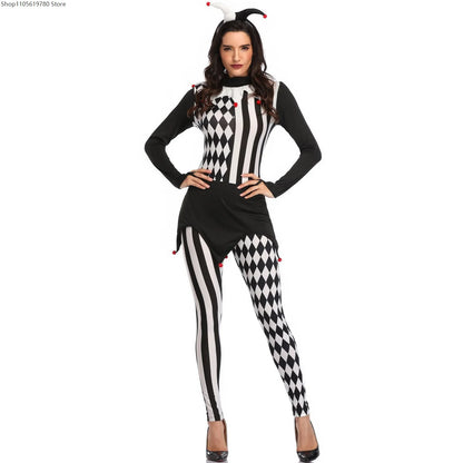 Women Killer Clown Costume Adult Costume Terror Striped Jumpsuit Halloween Scary Outfit - Black / XL