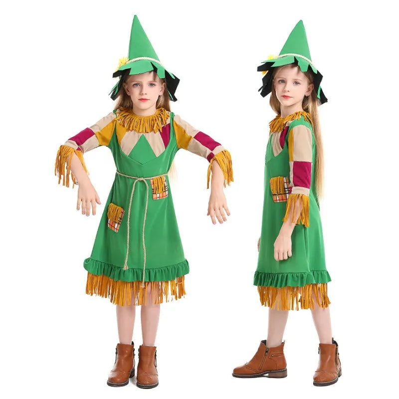 Halloween Girls Wizard Of Scarecrow Green Tassel Puppet Girl Dress Masquerade Witch Party Disguise Costume - product image 6