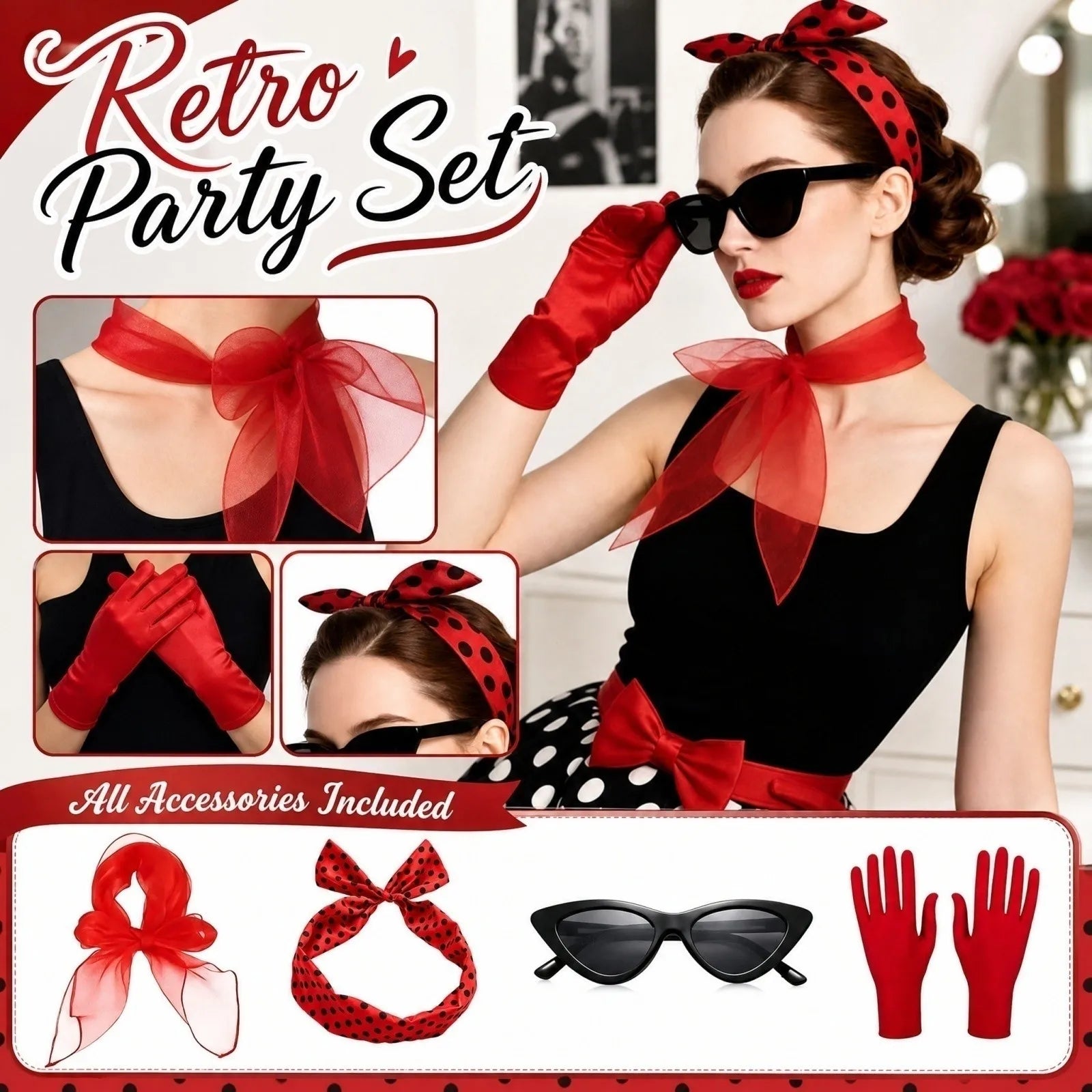 50s 60s Women's Costume Retro Party Outfit Set with Headband Scarf Glasses Gloves Accessories - product image 7
