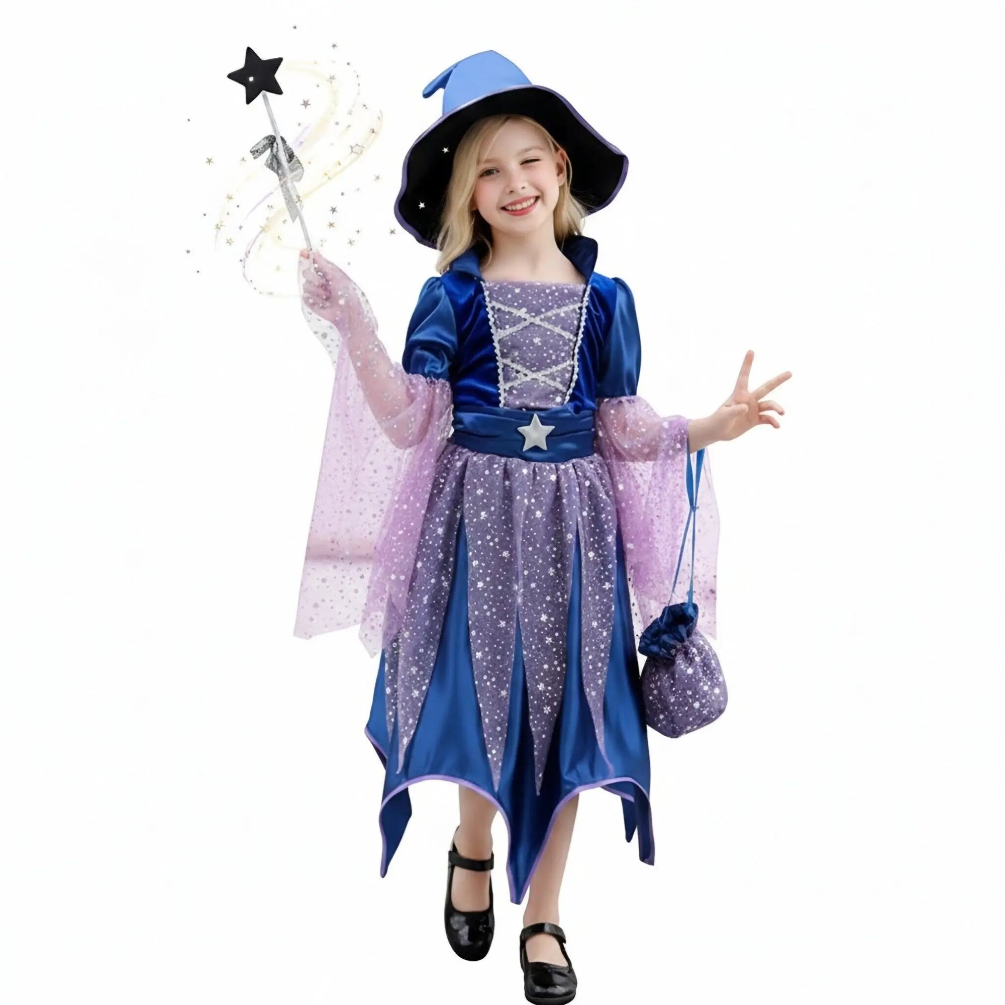 Halloween Costume Girls Costumes Witch Dress 4 PCS Bag Hat Wand Suit Kids Costume Vestidos - 4 PCS A / 11-12T(160)
