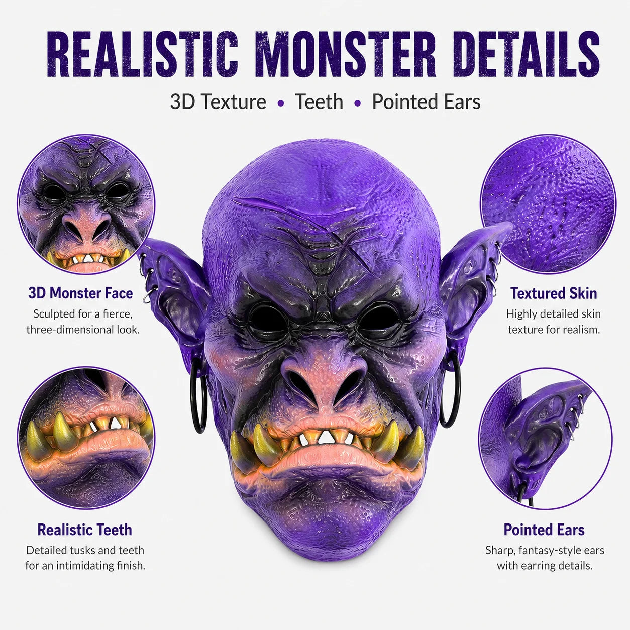 Halloween Monster Full Head Mask, Realistic Foam Goblin Orc Costume Headgear for Adult Cosplay Party - product image 3
