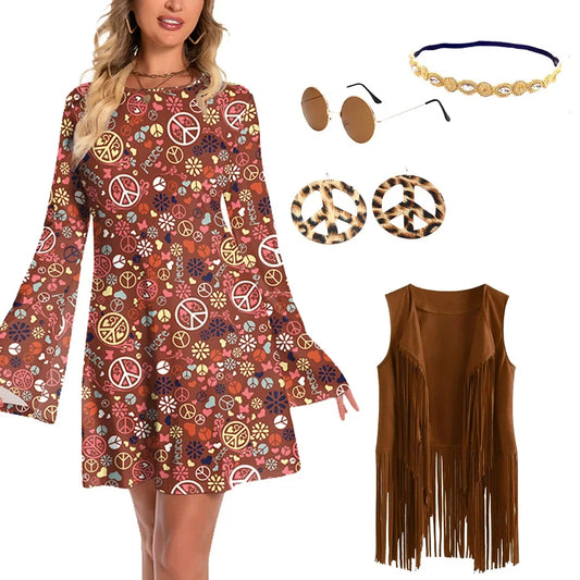 Hip Hop Costume Brown Floral Printing Dress Women's Vintage Disco Dress Sets Glasses - CG012-XJ0005C / XL