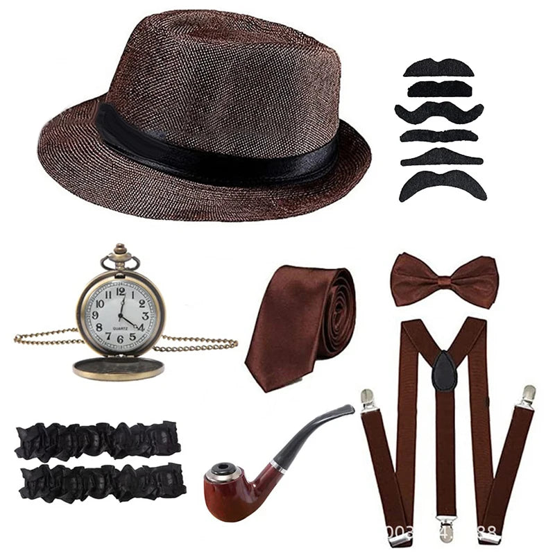 Halloween 1Set 1920's Costume Hat Pocket Watch Neck Tie Moustache Bowtie Gatsby - View 14