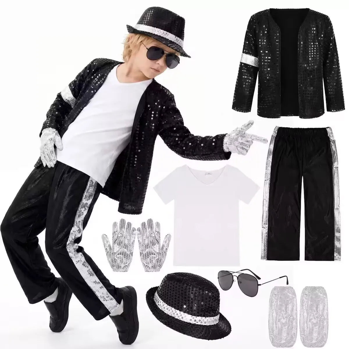 Kids 80s 90s Pop Star Dance Costume Set – Shiny Metallic Sequin MJ Style Role Play Outfit for Boys Girls Stage Party Halloween