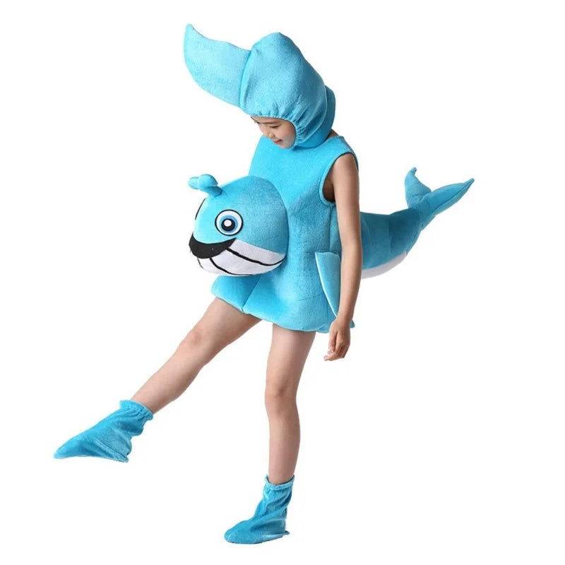 Unisex Children Halloween Family Dolphin Shark Whale Role Play Costume Marine Animal Bodysuit Headdress Shoes Performance Outfit