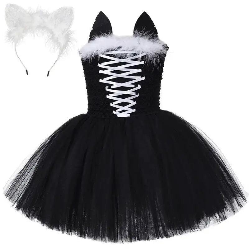 Girls Black Cat Halloween Dress Costume
