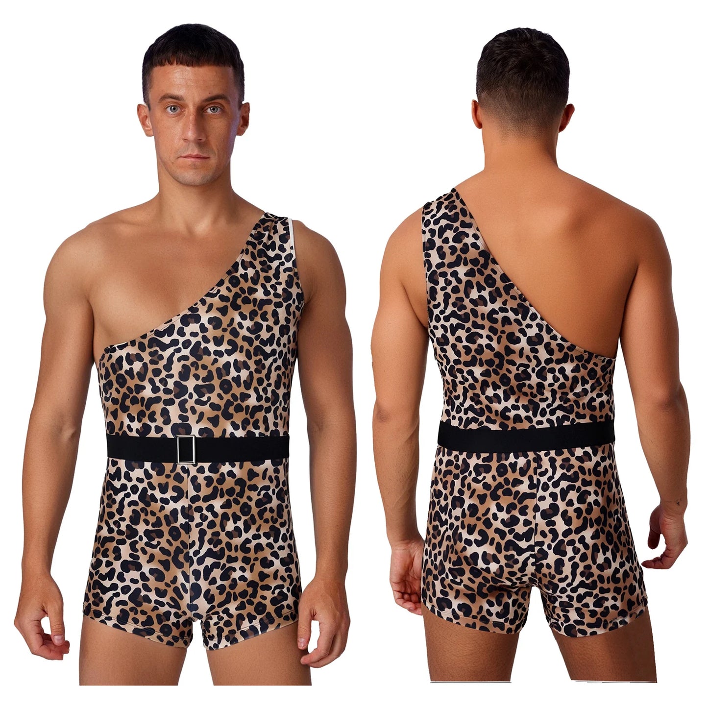 Men Halloween Primitive Man Caveman Strongman Costume One Shoulder Printed Bodysuit with - Leopard / 3XL