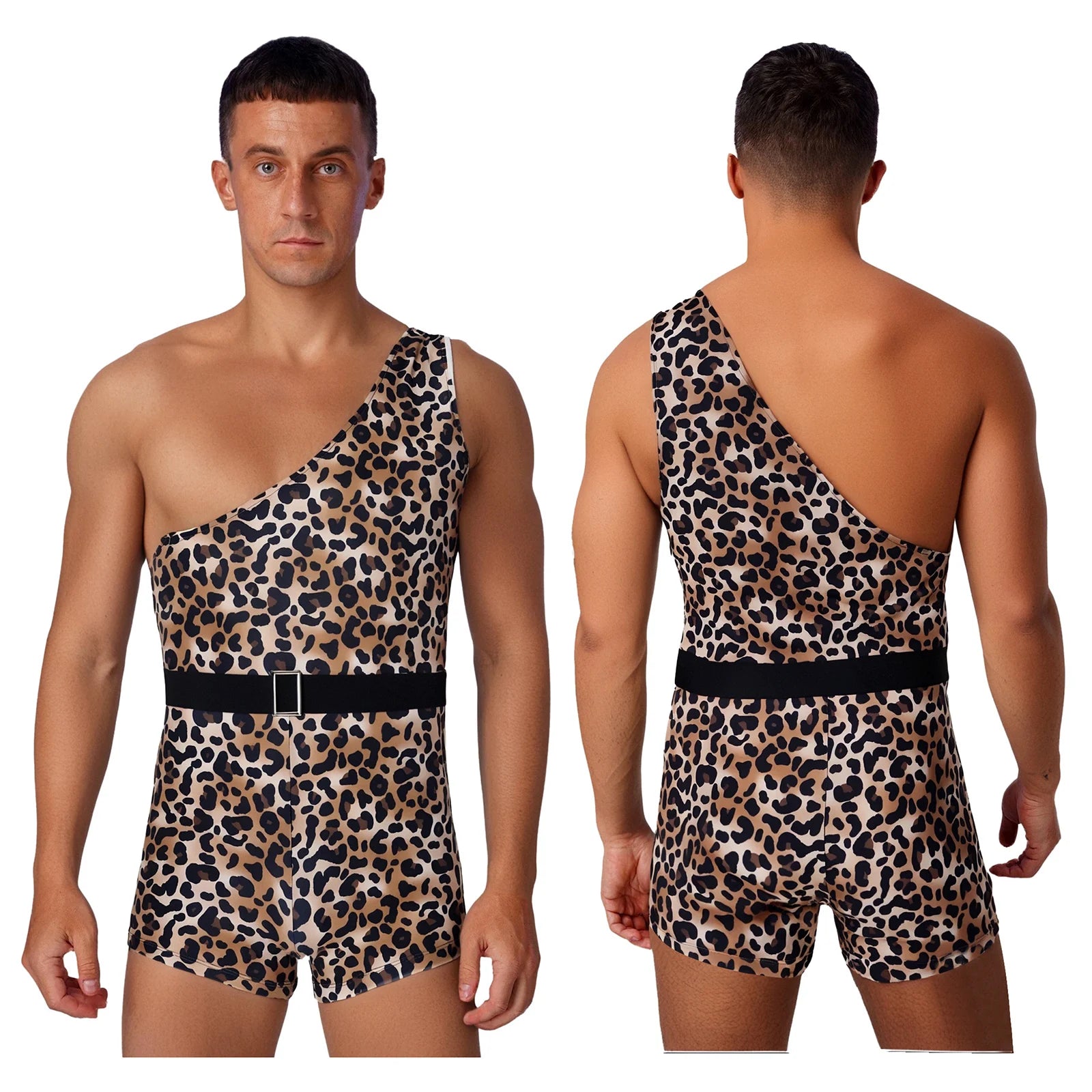 Men Halloween Primitive Man Caveman Strongman Costume One Shoulder Printed Bodysuit with - Leopard / 3XL