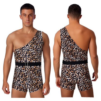 Men Halloween Primitive Man Caveman Strongman Costume One Shoulder Printed Bodysuit with - Leopard / 3XL