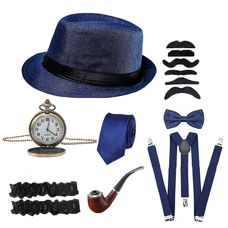 Halloween 1Set 1920's Costume Hat Pocket Watch Neck Tie Moustache Bowtie Gatsby - View 17