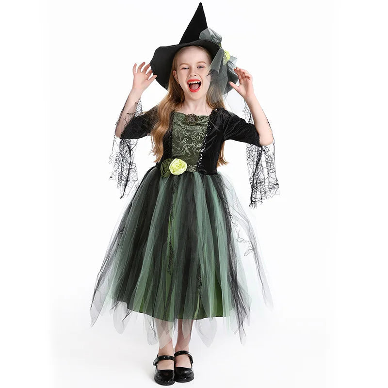 Halloween Costume Witch Kids Green Mesh Dress Hat Suits Theme Outfits for Girls - View 7
