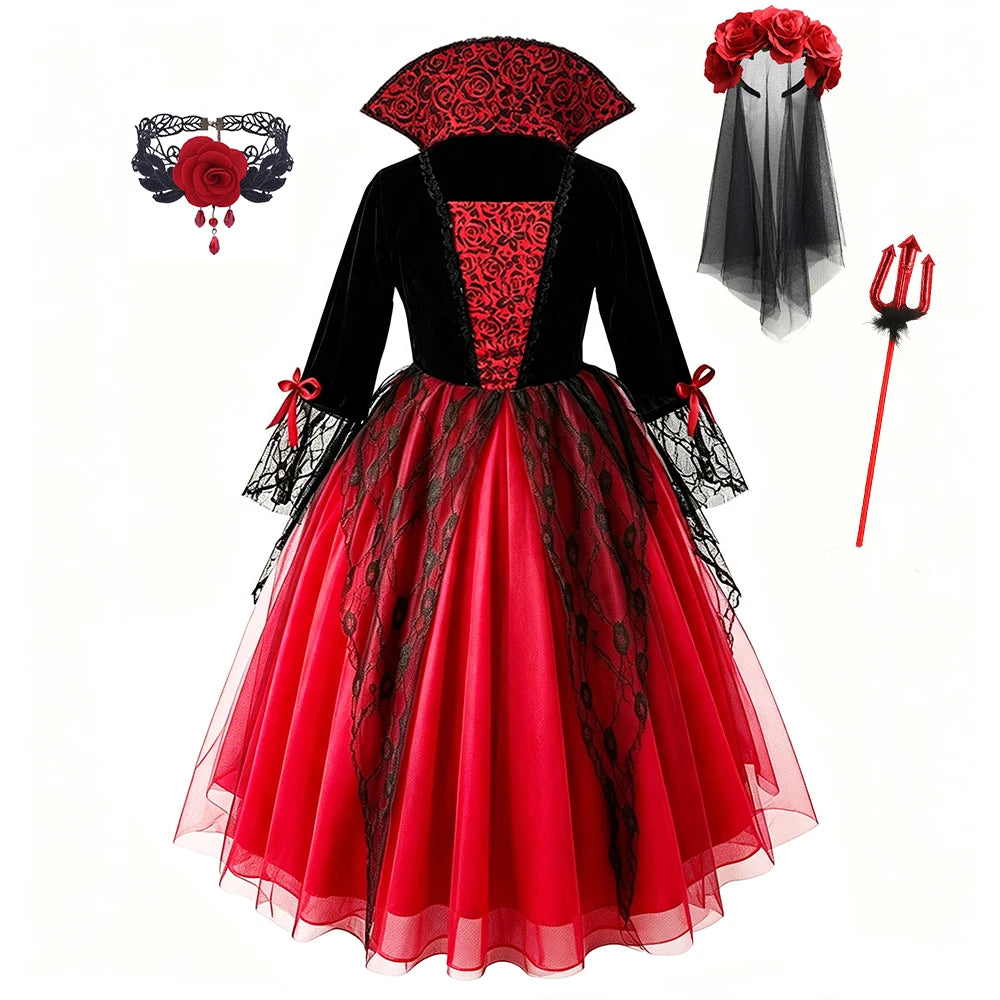 Kids Red Lace Ghost Bride Fancy Dress Spooky Bridal Role Play Outfit - product image 7
