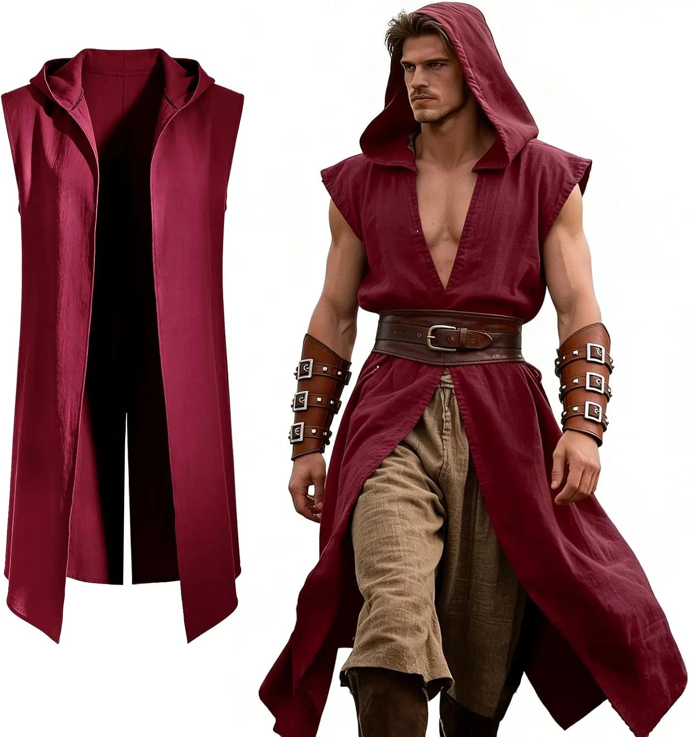Medieval Costume Men Viking Hooded Sleeveless Surcoat, Mens Renaissance Costume Cloak for Halloween Assassin - product image 9