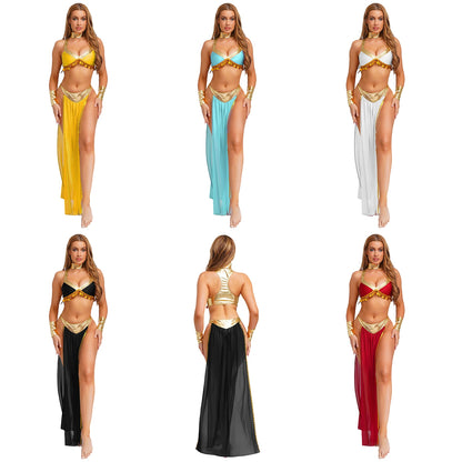 Women Halloween Cleopatra Ancient Egyptian Queen Sun Goddesses Cosplay Costume Crop Top with Skirt Belly Indian Dance Outfit