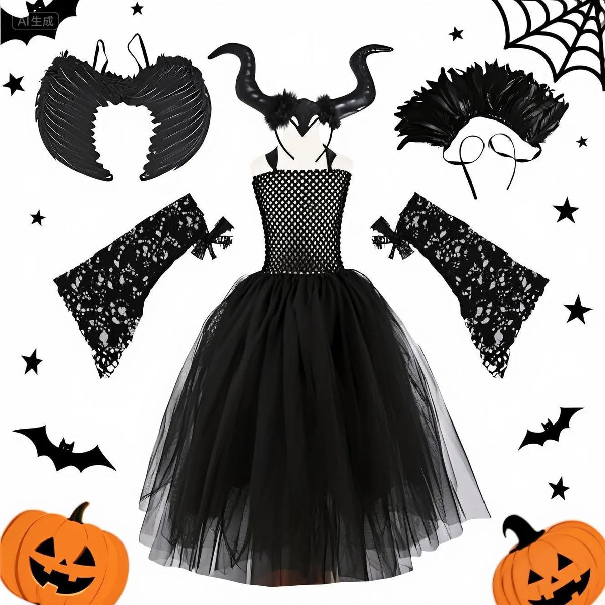 Kids' Princess Birthday Dark Black Evil Queen Mesh Wings Halloween - product image 11