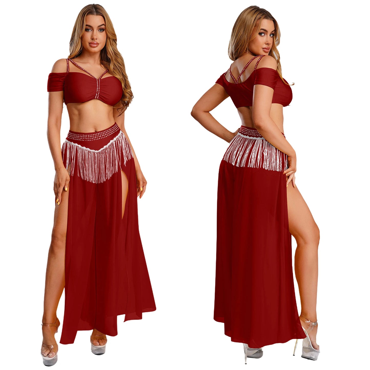 Women Halloween Cleopatra Ancient Egyptian Queen Sun Goddesses Cosplay Costume Crop Top with Skirt Belly Indian Dance Outfit