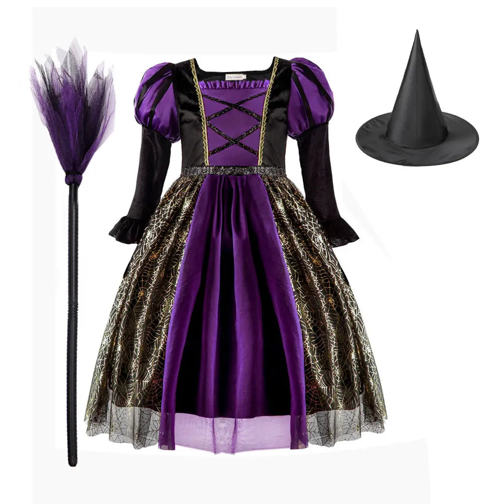 Purple Black Witch Golden Spider Web Kids' Dress Halloween Costume - product image 11