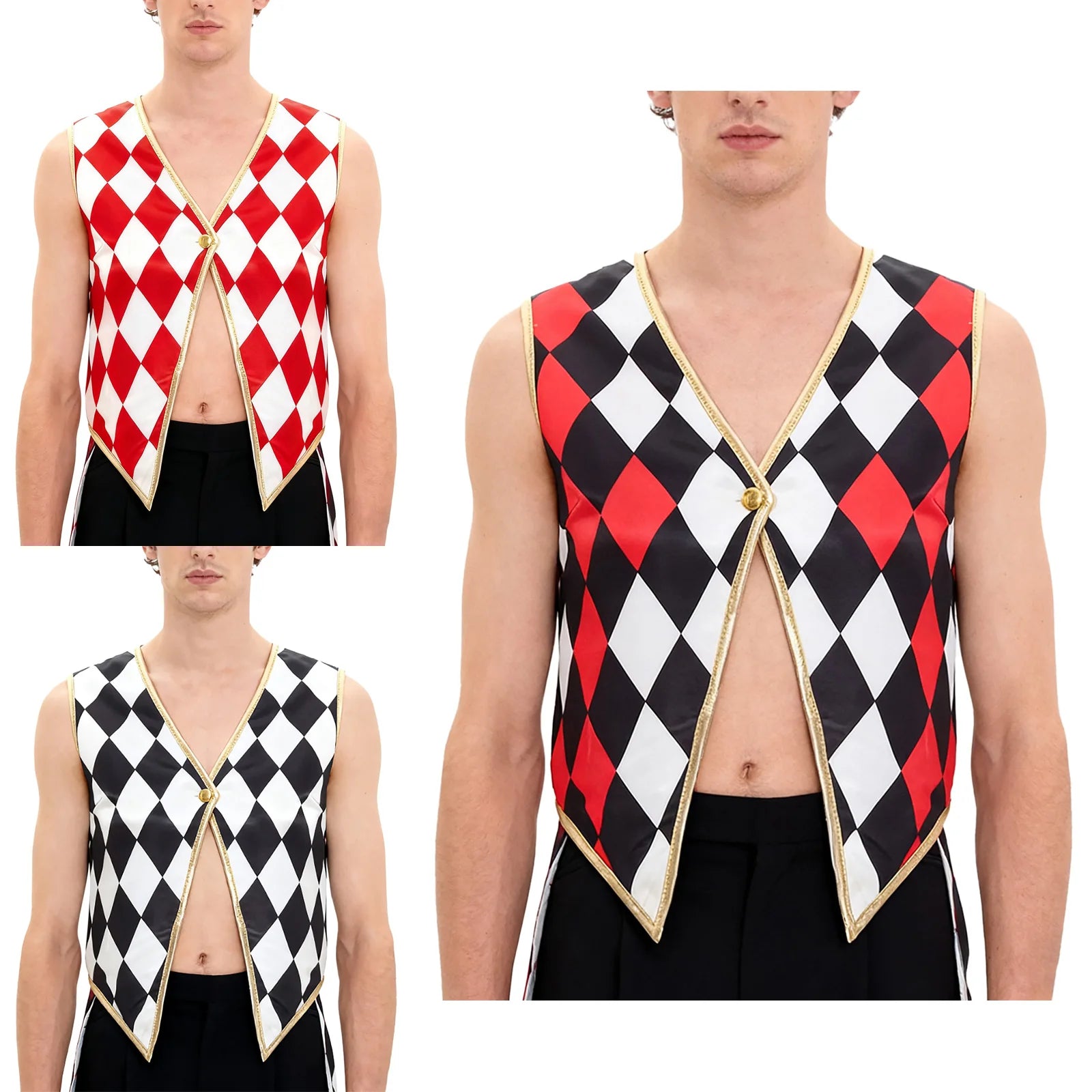 Unisex Halloween Circus Clown Ringmaster Sleeveless Vest Checkerboard Plaid Waistcoat - Red Black / XL
