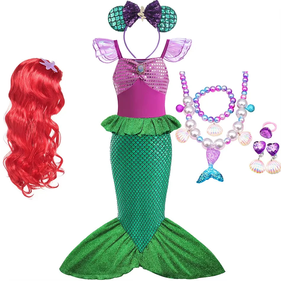 Ariel Little Mermaid Short Sleeve Tulle Dress for Girls Cosplay Princess Costume Carnival Birthday Party Outfit 2-8Y Vestido