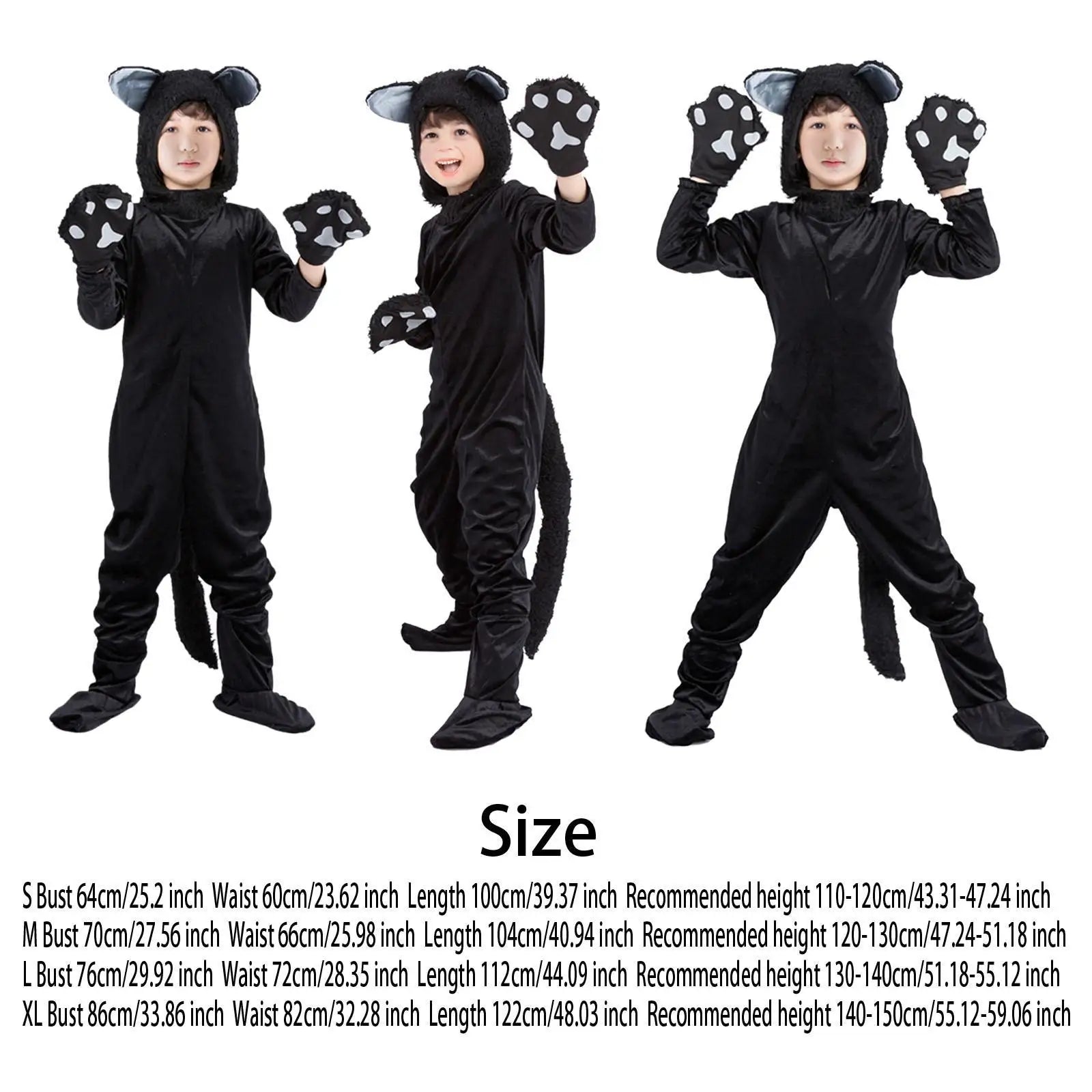 Kids Black Cat Costume – Jumpsuit, Gloves & Foot Covers