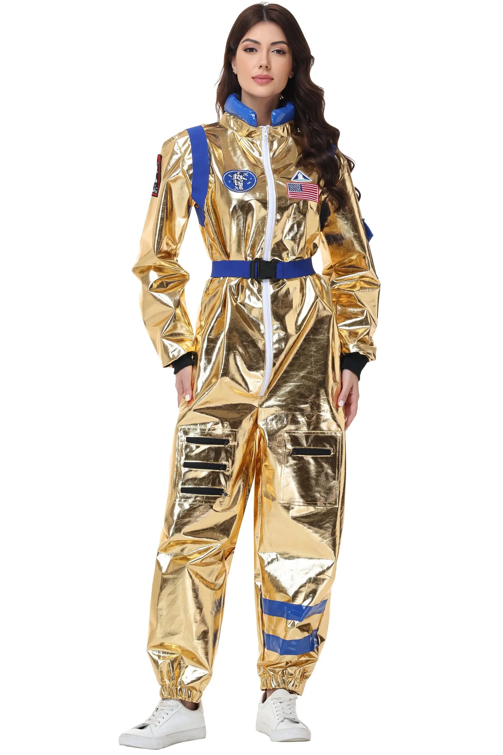 Adult Silver Astronaut Costume Men Women Spaceman Suit Space Jumpsuit Halloween Costume - Yellow Men-B / L