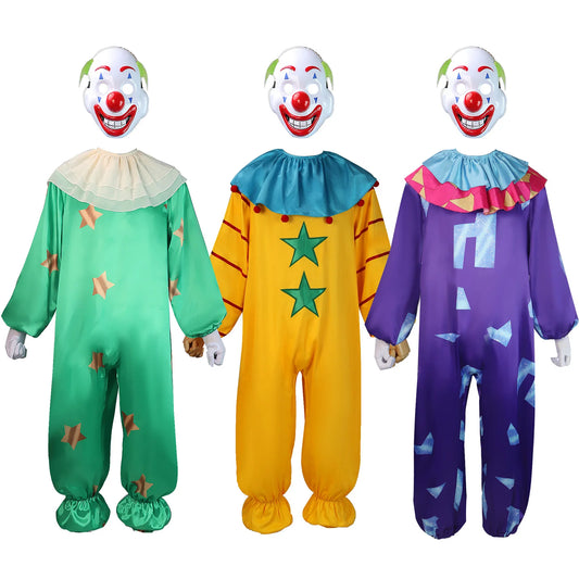 Halloween Clown Costume Jumpsuit with Mask Circus Naughty Fancy Uniform for Adult Kids - MASK / L