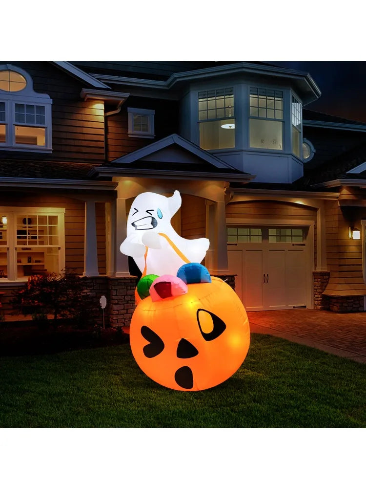 5 Ft Inflatable Ghost Halloween Decoration with LED Lights & Pumpkin Candy Bag