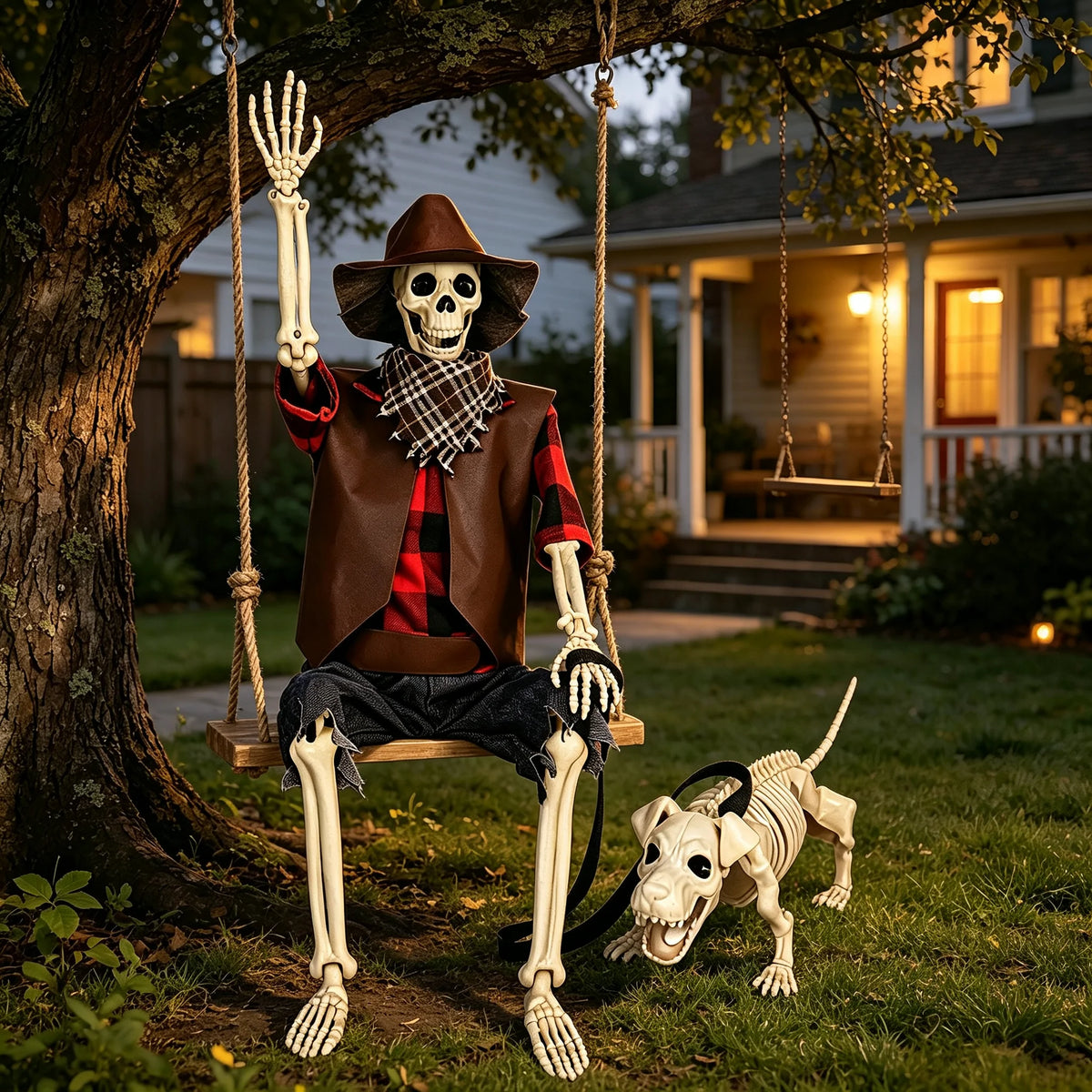 36" Posable Skeleton & Dog Cowboy Halloween Decoration Set