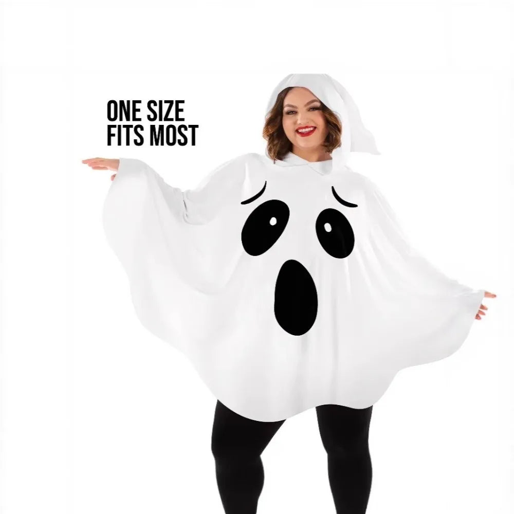 Ghost Poncho Costume – White or Orange Halloween Hooded Cloak