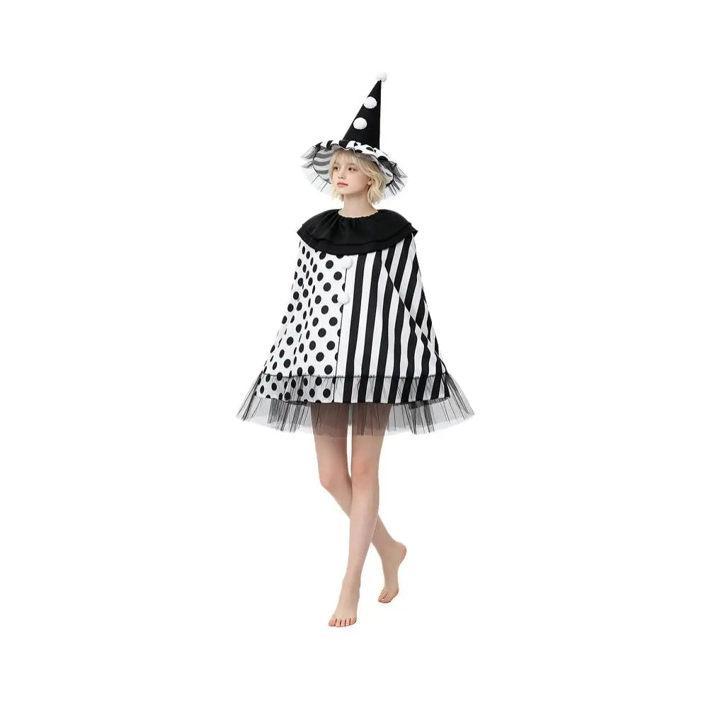 Women's Witch Black White Polka Dot Striped Clown Cape Costume - alternate view 2
