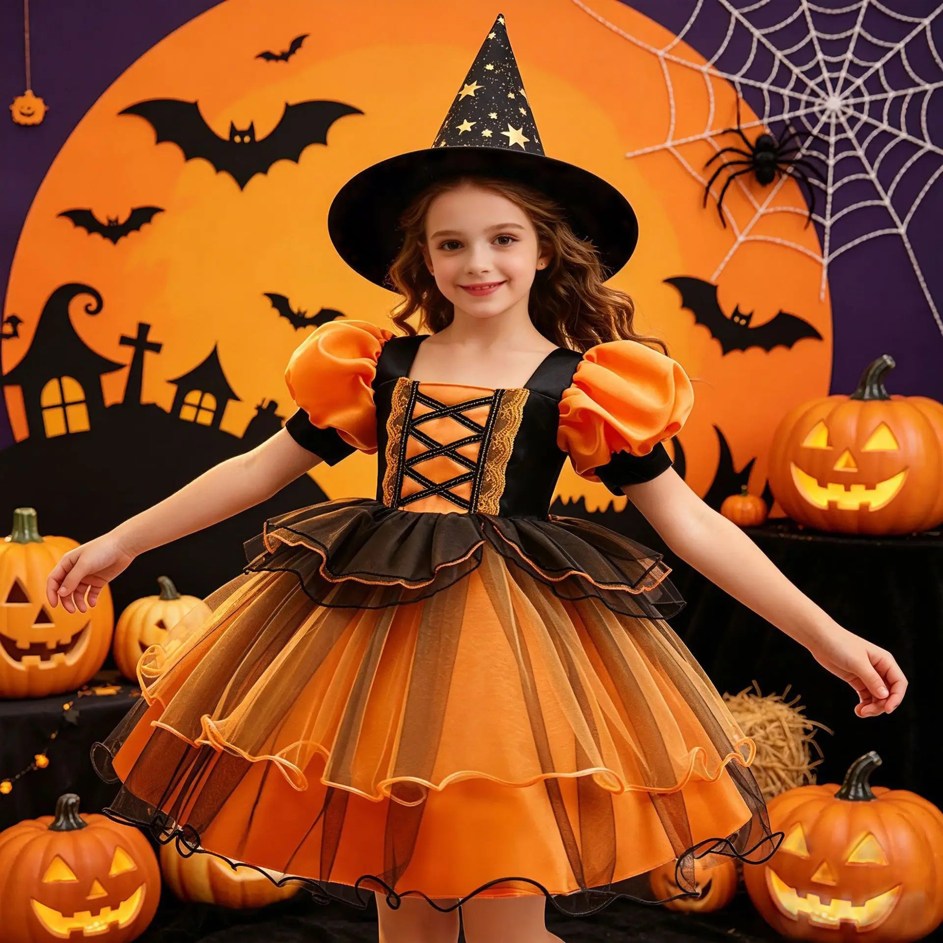 Girls Halloween Witch Costume Puff Sleeve Orange Black Layer Tulle Tutu Dress Kids Pumpkin Cosplay Outfit - product image 1