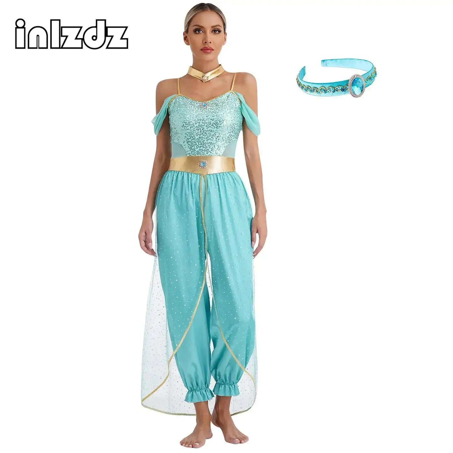 Women's Arabian Prince Belly Dance Princess Jumpsuit Indian Gems Costume