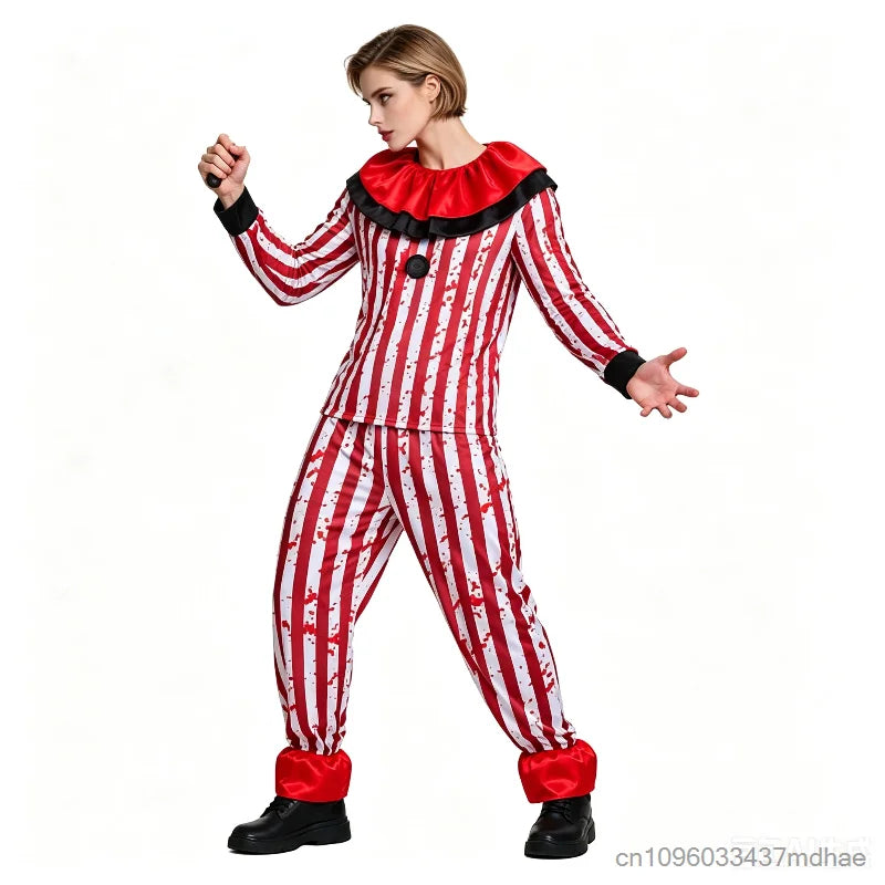 Adult Horror Clown for Men Red White Striped Blood Top with Ruffle Collar Costume - alternate view 6