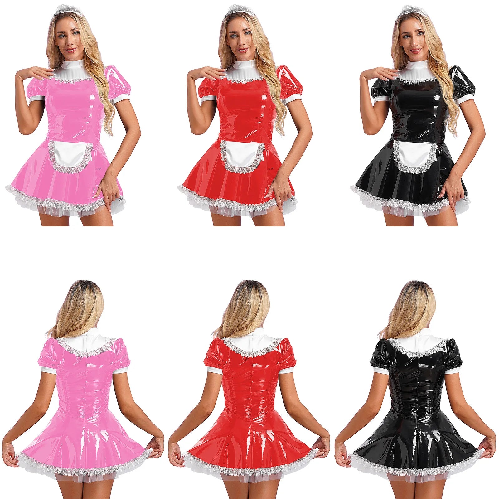 Women Halloween Maid Cosplay Costume Glossy Patent Leather Dress with Lace - product image 5