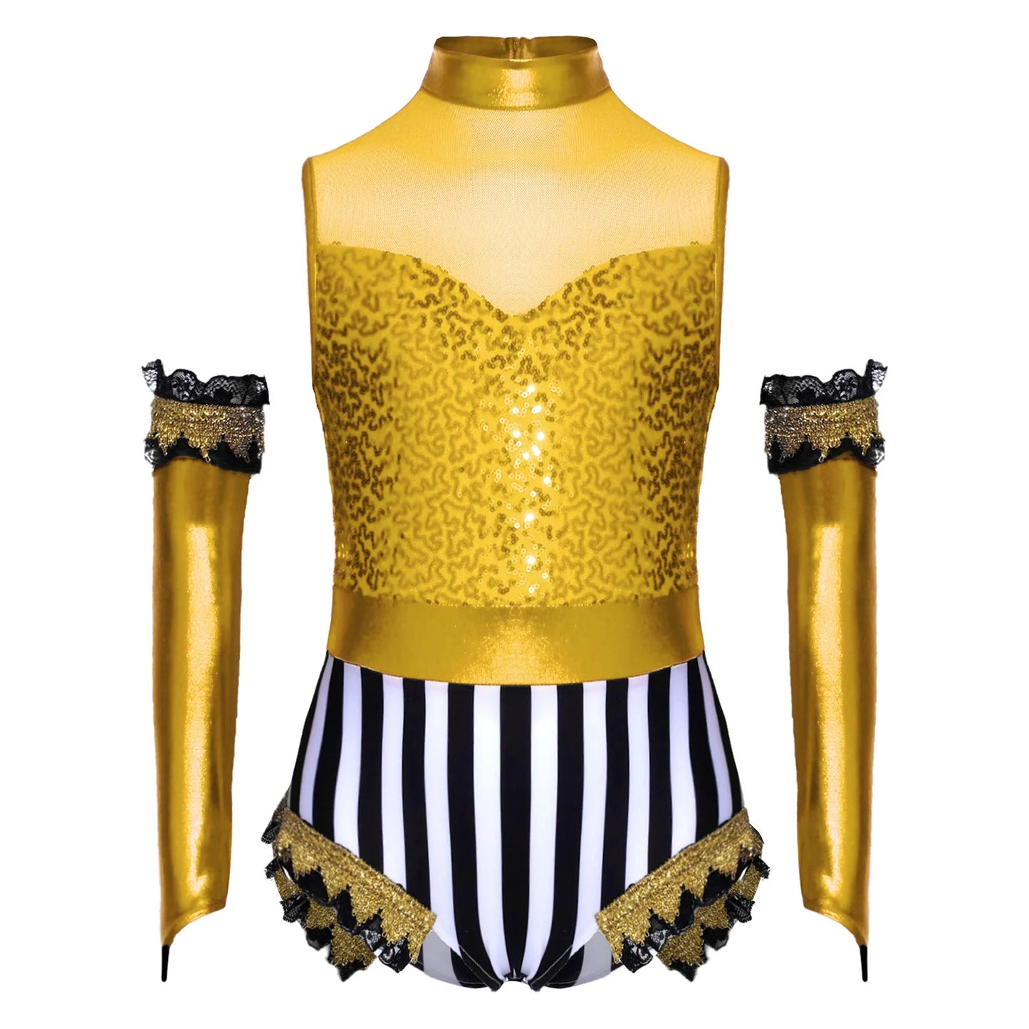Kids Girl Halloween Circus Clown Costume Shiny Striped Tutu Leotard Ballet Gymnastics - Red / 10