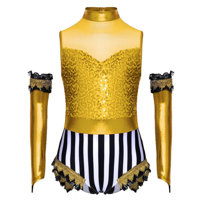 Kids Girl Halloween Circus Clown Costume Shiny Striped Tutu Leotard Ballet Gymnastics - Red / 10