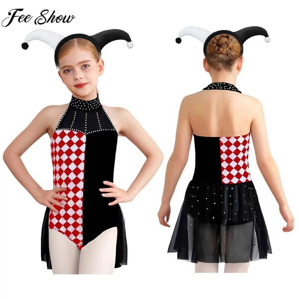 Girls Halloween Circus Clown Costume Performance Costume Sleeveless Rhinestone Mesh Dance - Black / 12