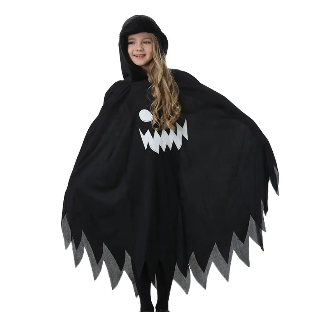 White Black Halloween Costume Ghost Face Design Cape Shawl Luminous Cloak Glow in the Dark - Black L / XS（old）