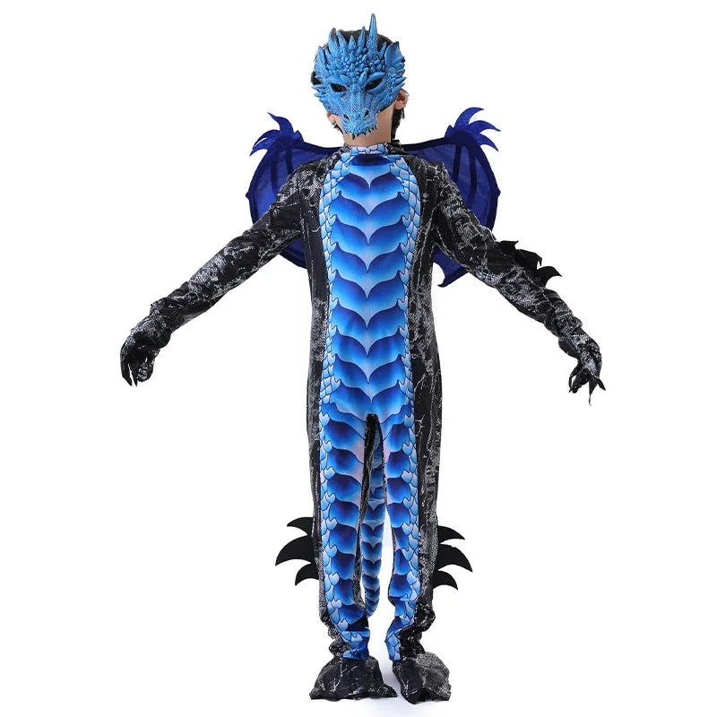 Dragon Jumpsuit With Wing And Mask Outfit Child Boys Black Blue Dragon Costume Dress