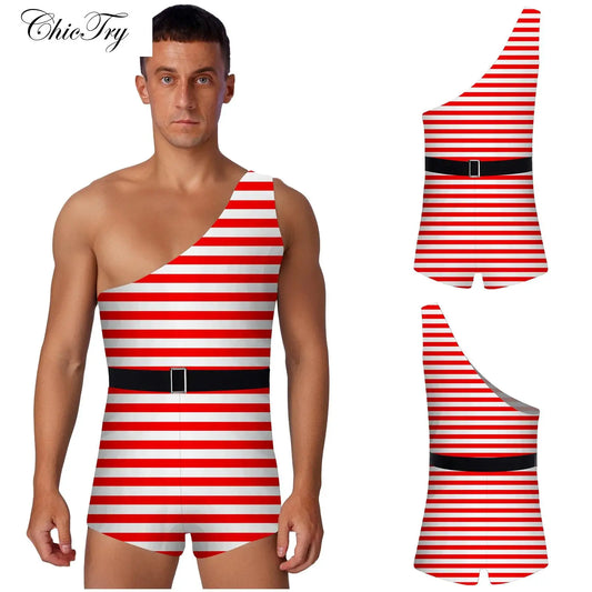 Men's Halloween Primitive Man Costume Bodysuit One Shoulder Printed Xmas Rompers with Belt - Leopard / XXL