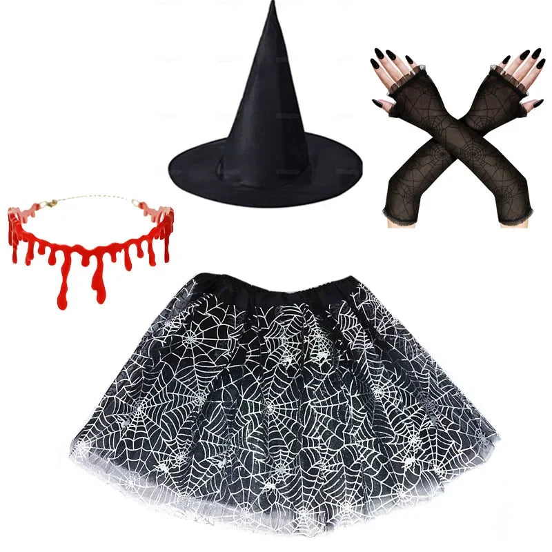 Scary Children Girl Vampire Witch Costume Spider Web Tutu Skirt Hat Crown Arm Sleeves Halloween Cosplay - product image 2