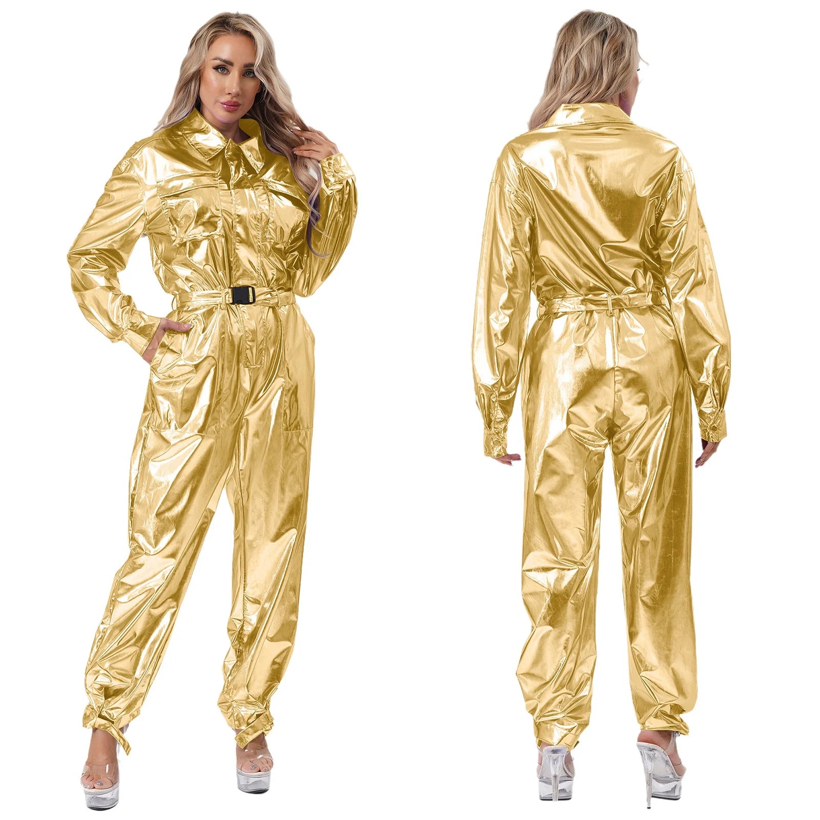 Women's Halloween Disco Astronaut Costume Holographic Shiny Metallic Overalls Bodysuit - Gold / 3XL