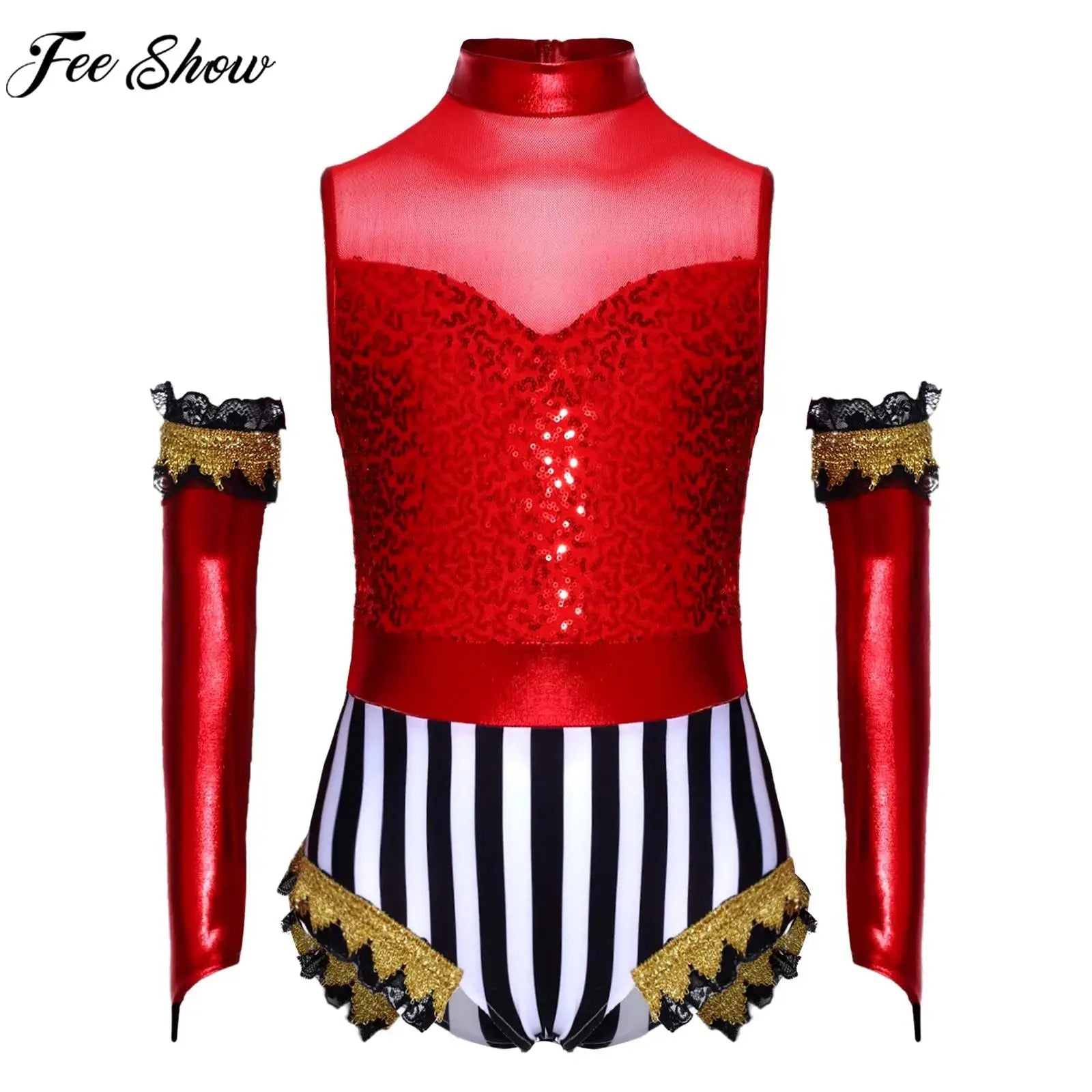 Girls Halloween Circus Ringmaster Clown Costume Sleeveless Sequin Mesh Dance Leotard with - Red / 6
