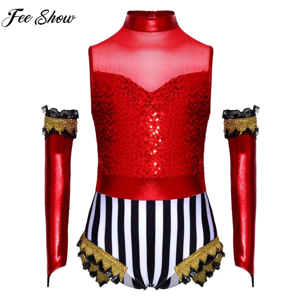 Girls Halloween Circus Ringmaster Clown Costume Sleeveless Sequin Mesh Dance Leotard with - Red / 6