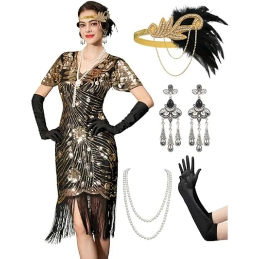 Flapper Dresses 1920s,Great Gatsby Dresses for Women Fringe Roaring 20s Costumes with 20s Accessories for Harlem Nights