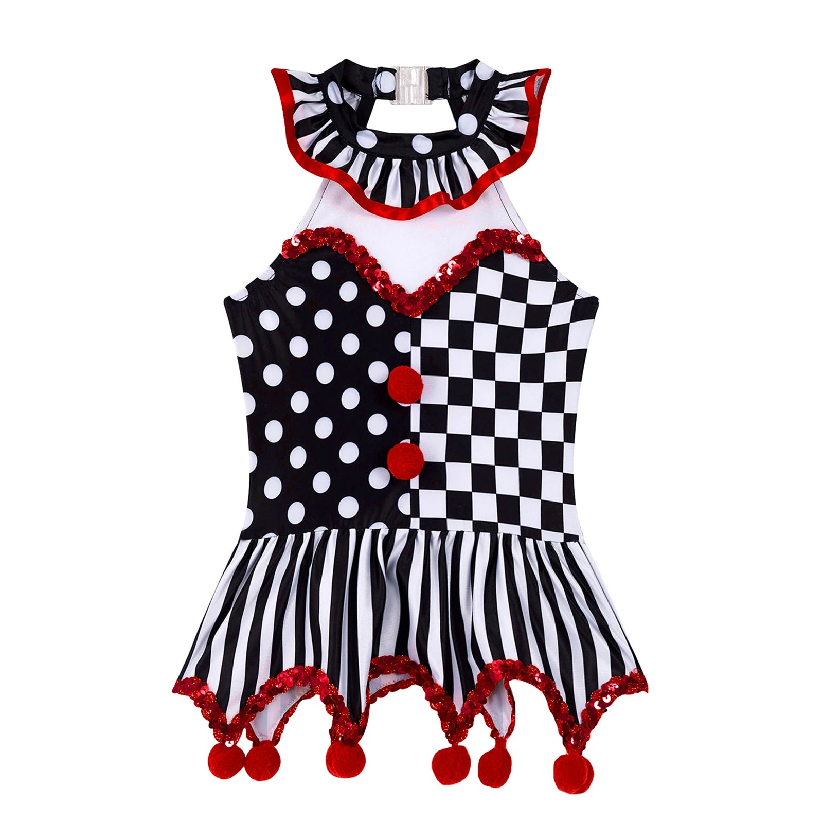 Girls Circus Clown Costume Halloween Costume Joker Black and White Grid Pompoms Adorned - Black Pink / 12